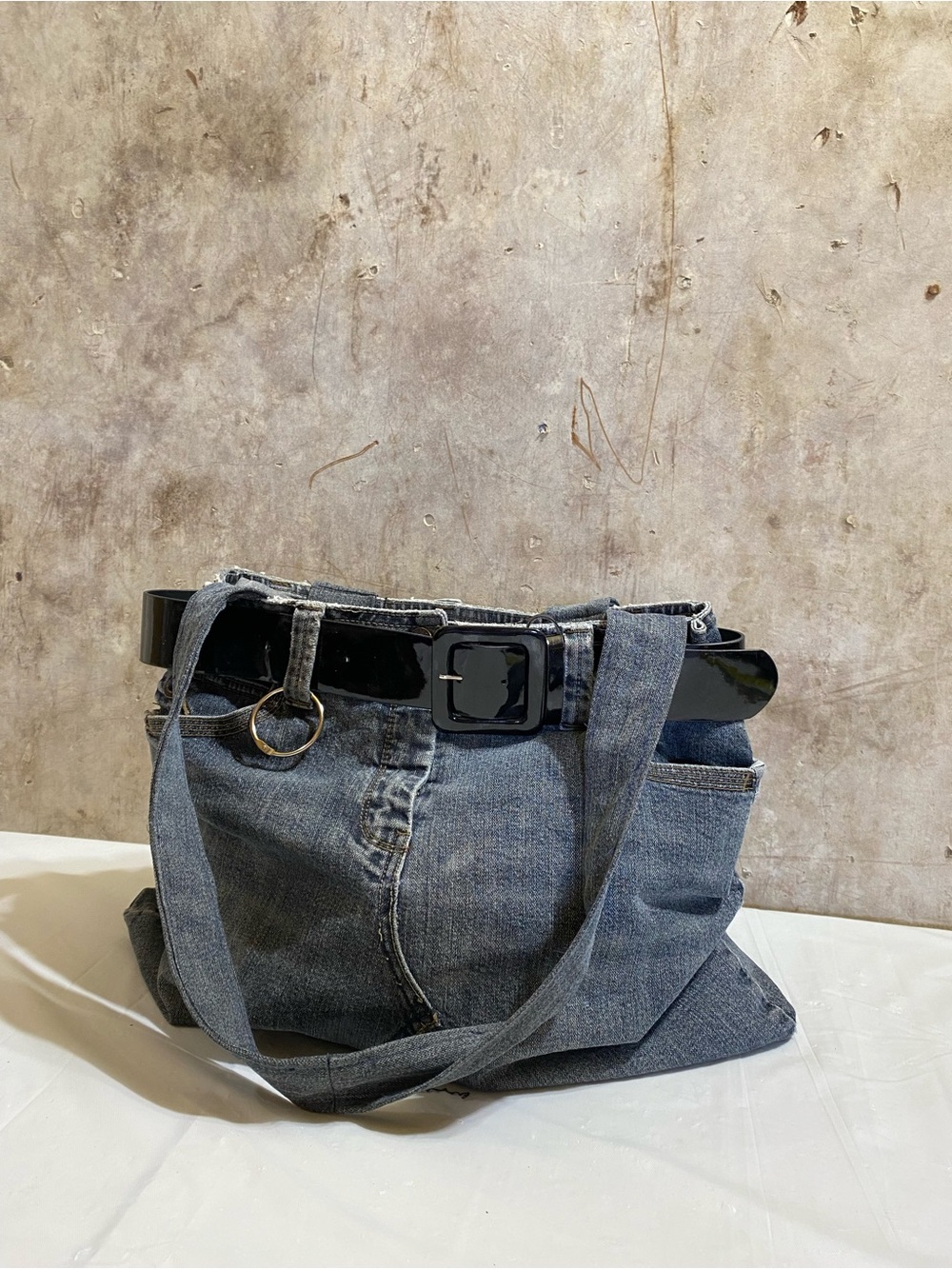 Denim Y2K Handmade Tote Bag with Black Patent Belt Detail